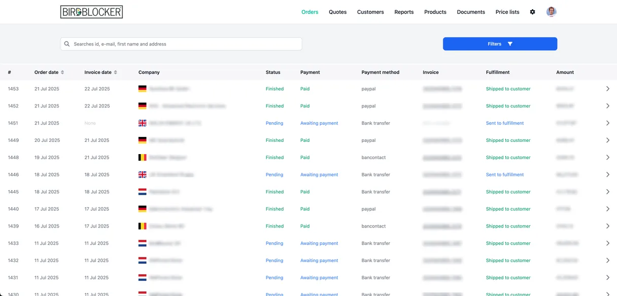 Screenshot of the BirdBlocker back-office application