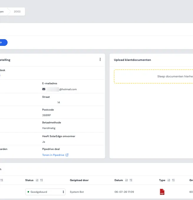 Een betaalde bestelling in de Control Energy Portal, met klantdocumenten en een link naar de deal in Pipedrive