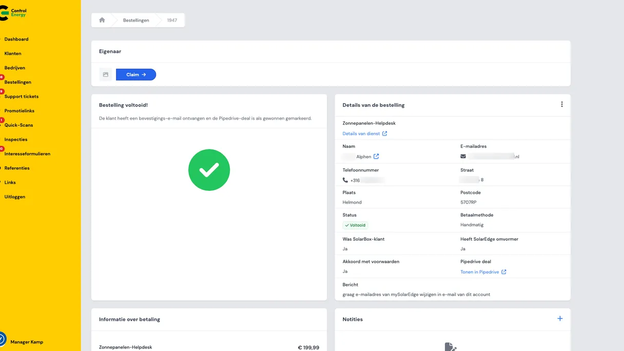 Bevestiging van een voltooide bestelling van de Zonnepanelen-helpdesk in de Control Energy Portal, met de bestelgegevens ernaast