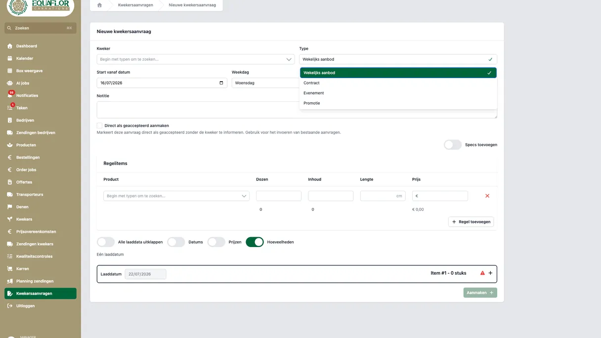 Formulier voor een nieuwe kwekersaanvraag in het Equaflor Portal, met kweker, type, startdatum en regelitems