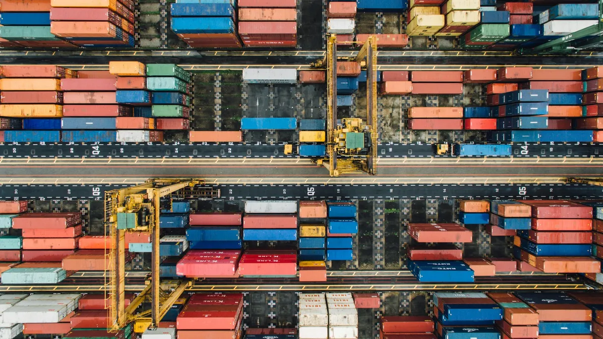Containers on a logistics site as an image for digital pre-registration and scanning.