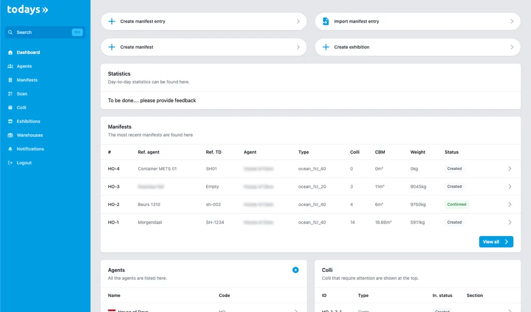 Screenshot of the Todays Logistics customer portal